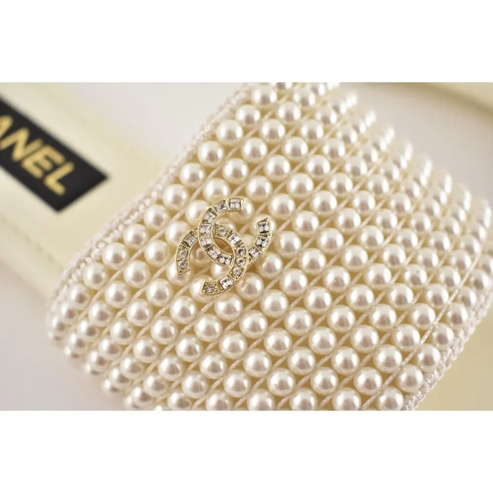 Chanel 25P Ivory White Pearl Embroidery CC Logo Slide Slip Sandal Mule Flat 36.5